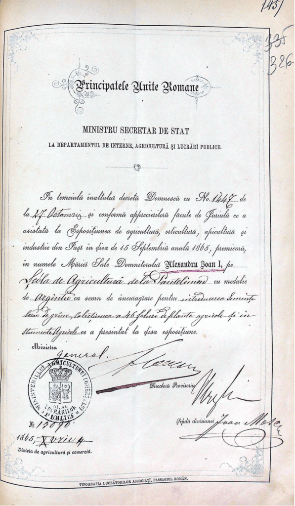 Expozițiune de agricultură, orticultură, apicultură și industrie. Diploma și medalia de arginta a fost acordată în numele Domnitorului Alexandru Ioan I Scolii de Agricultură de la Pantelimon pentru introducerea semințelor de grâne, colecția de 46 feluri de plante agricole și instrumente Agricole,