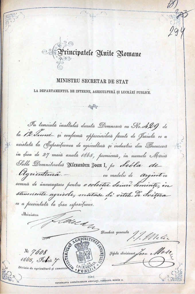 Expoziția de Agricultură și Industrie organizată la București în perioada 20-27 mai 1865, în numele Domnitorului Alexandru Ioan I, Școlii de Agricultură de la Pantelimon I se conferă Diploma și medalia de argint, pentru colecția de soiuri de semințe, instrumente agricole, mătase și vitele de Șvițera